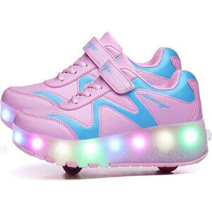 Kids Pink 3 Usb Chargeable Led Light Up Wheeled Skate Sneaker Shoes